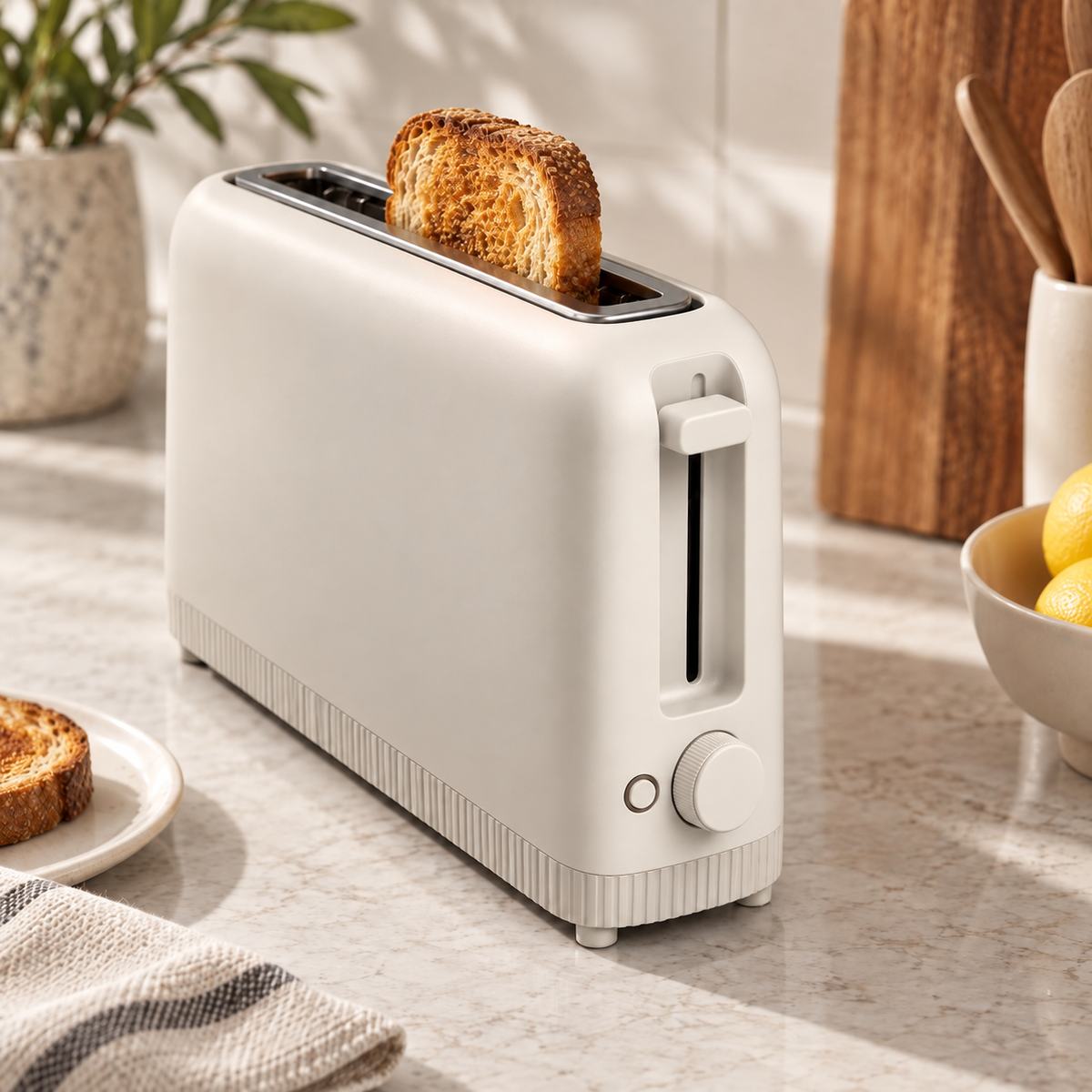 Toaster high-lift lever raised with a slice of toast elevated in the long slot.