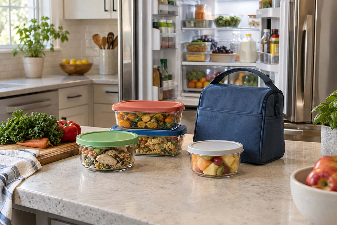 Food storage containers holding leftovers beside a blue lunch bag and an open refrigerator in a home kitchen.