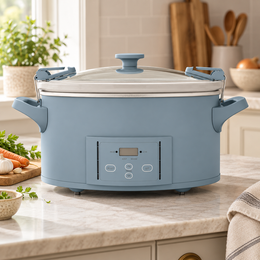 Illustration of the Morning Haze Blue Crock-Pot slow cooker on a kitchen counter.