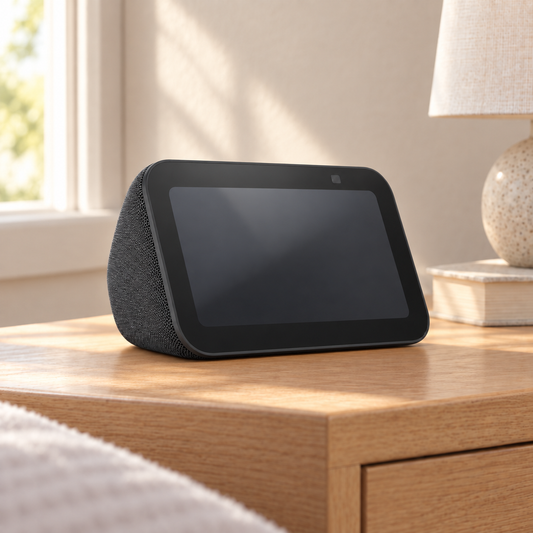 Illustration of a charcoal smart display with a dark screen on a wooden bedside table beside a lamp.
