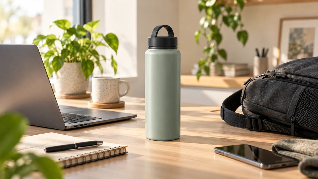 A generic reusable water bottle on a sunlit desk beside a laptop and backpack, illustrating commuting and desk use.
