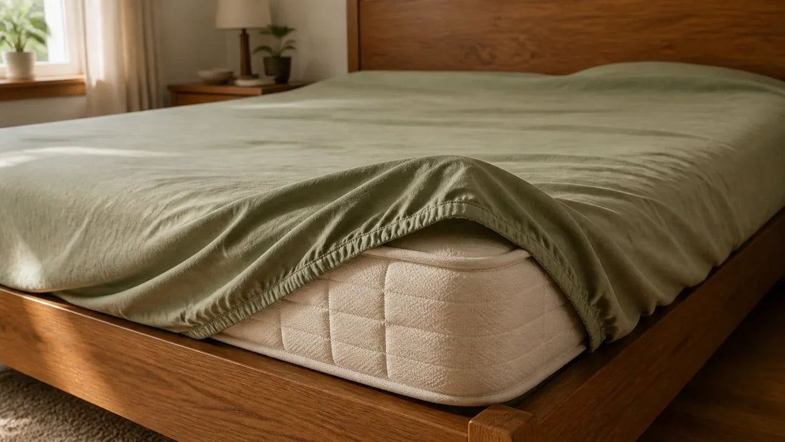 A fitted sheet elastic corner has slipped off a mattress corner, exposing the mattress underneath.