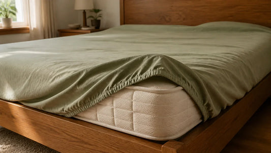 A fitted sheet elastic corner has slipped off a mattress corner, exposing the mattress underneath.