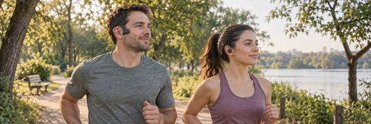 Two fictional adults on a park trail: one wears generic open-ear headphones with an unobstructed ear canal; the other wears a generic sealing in-ear earbud.
