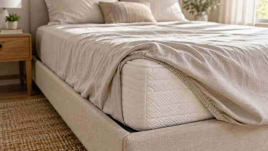 Fitted sheet corner slipping loose from a mattress in a warm bedroom.
