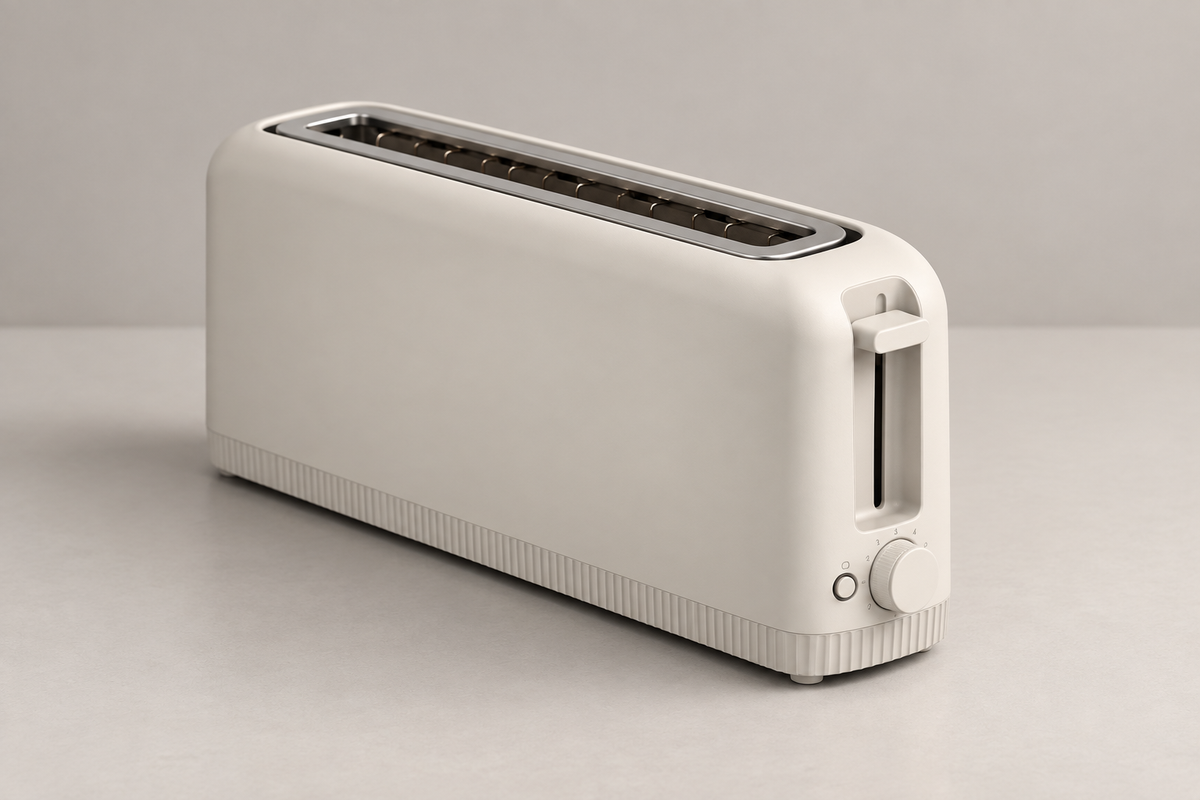 Oatmilk bella slim toaster with one long slot, shown at a three-quarter angle.