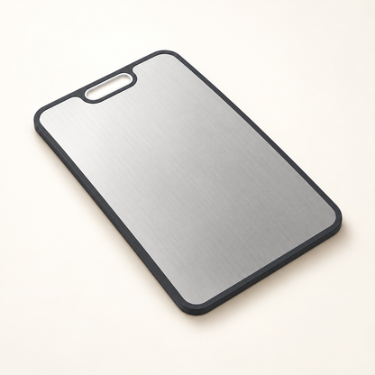 One reversible cutting board, silver face, three-quarter studio view.
