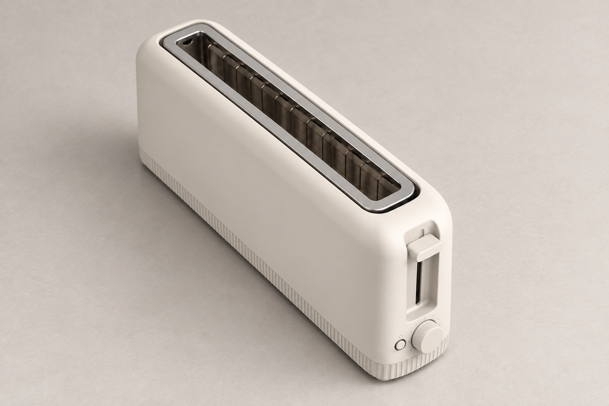 Angled top view of the Oatmilk slim toaster and its single long slot.