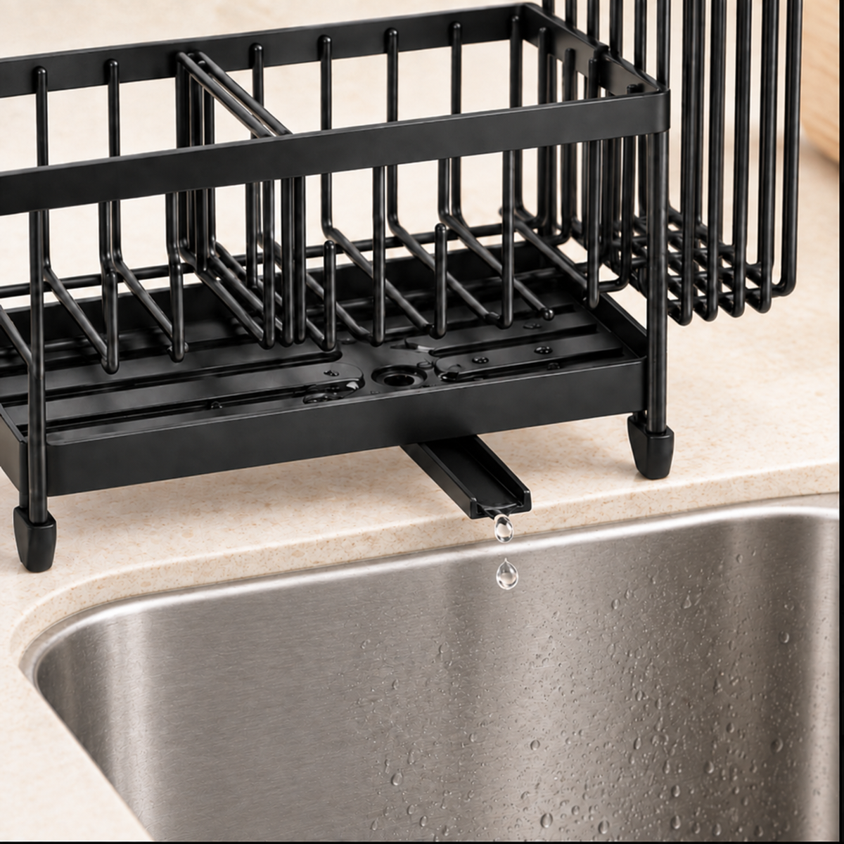 Sink caddy rotating drainage spout detail.