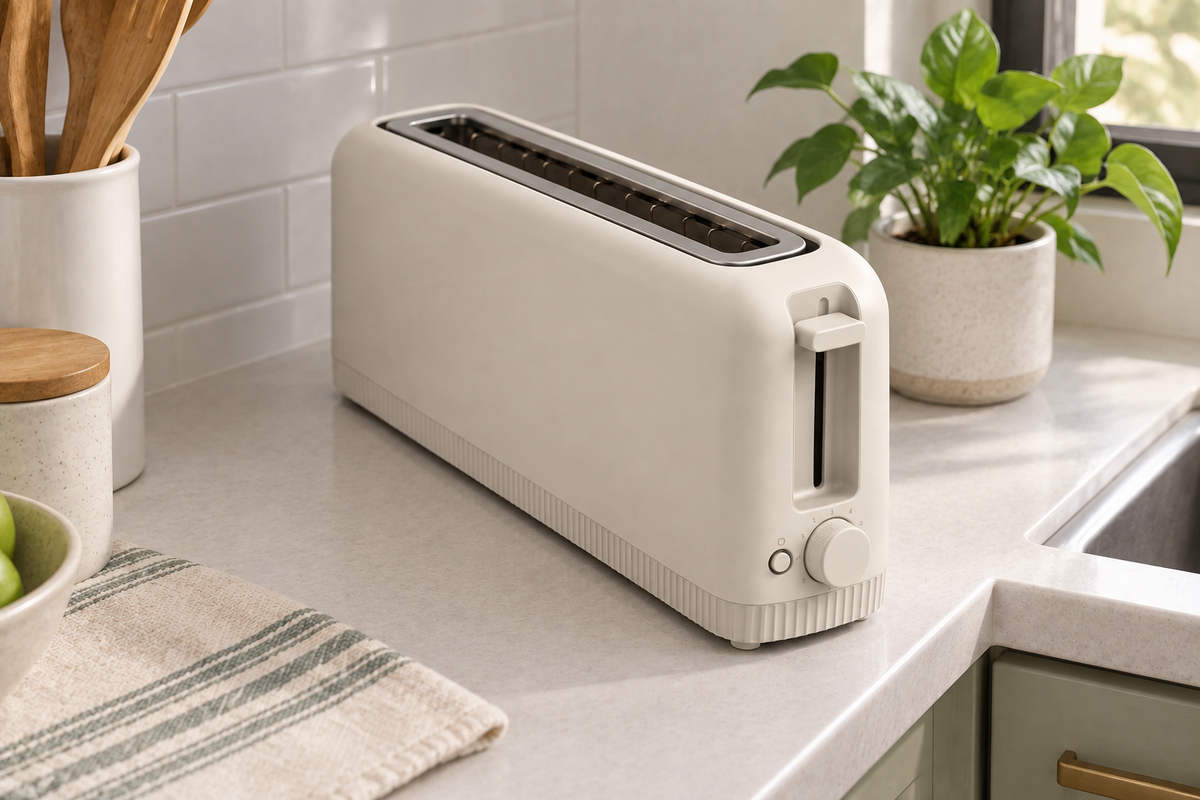 Oatmilk slim toaster on a compact kitchen counter beside a sink.