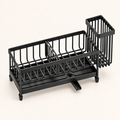Sink caddy divided main-basket layout.
