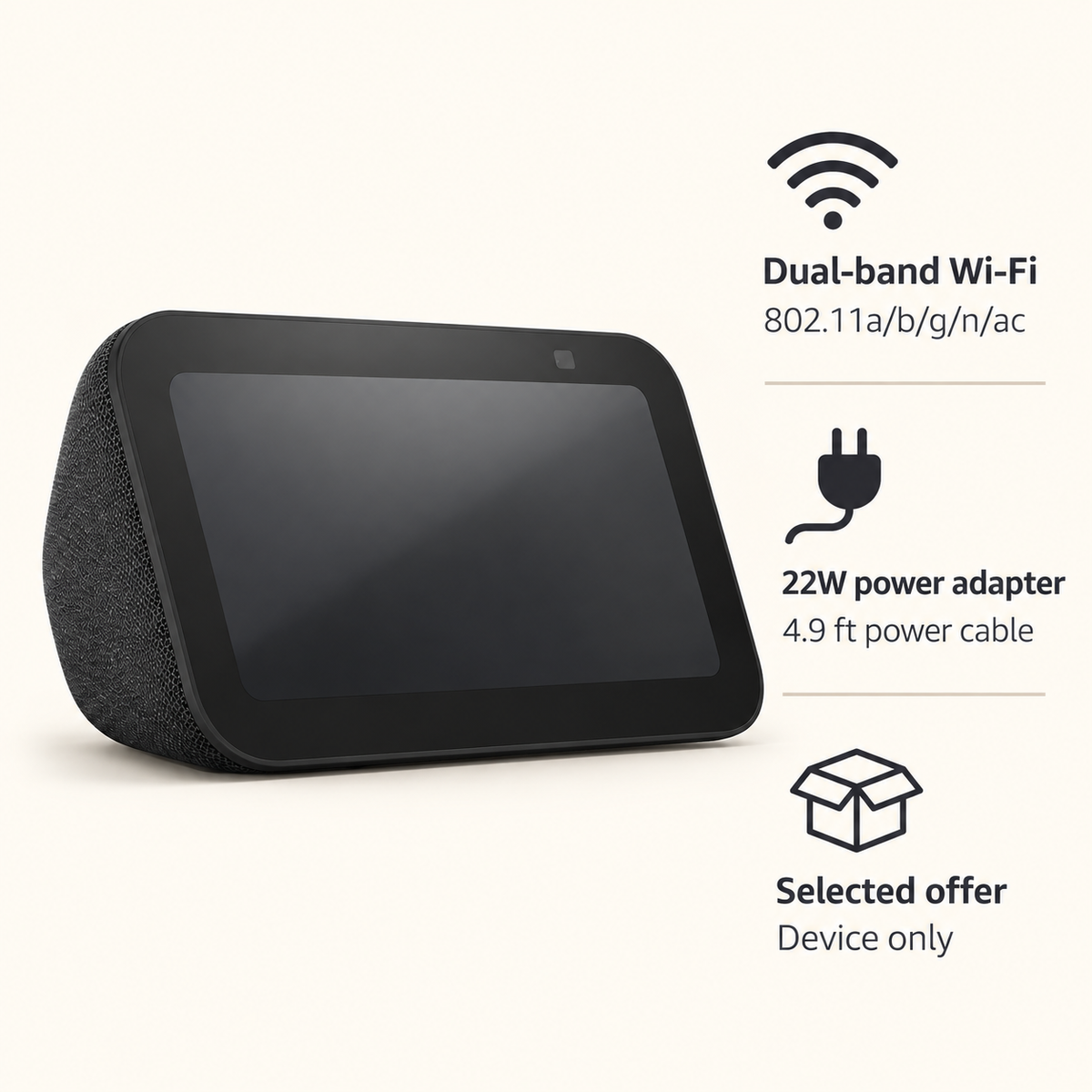 Echo Show 5 (3rd Gen, Charcoal) — Power + Connectivity