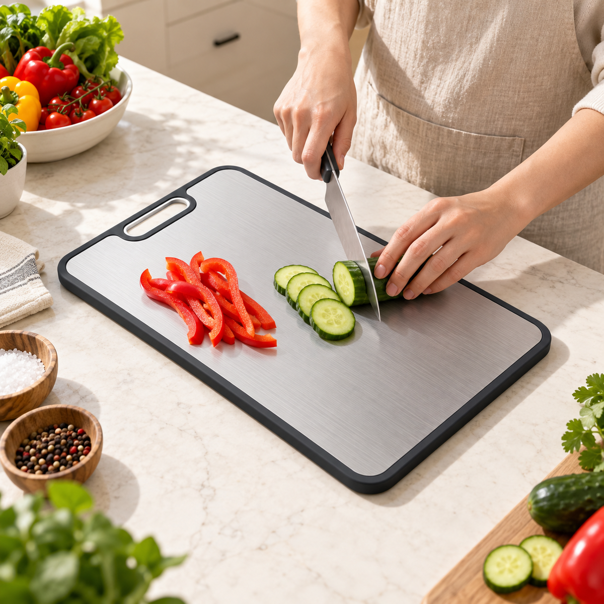 Single cutting board, silver face, in a kitchen preparation scene.