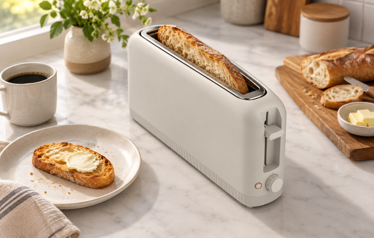 Long slice of bread positioned in the Oatmilk toaster single long slot.