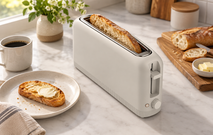 Long slice of bread positioned in the Oatmilk toaster single long slot.