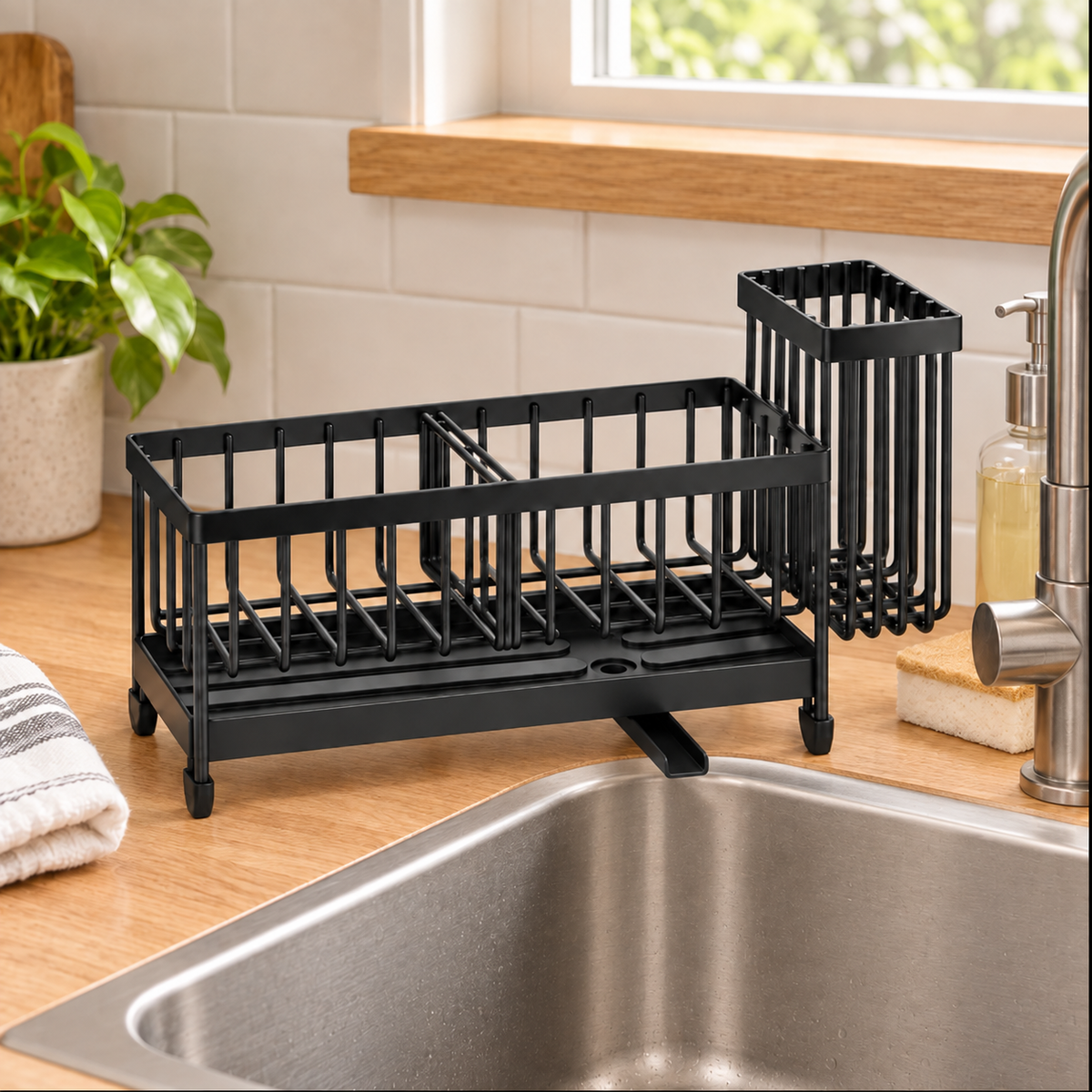Sink caddy at the sink edge with spout aimed toward the basin.