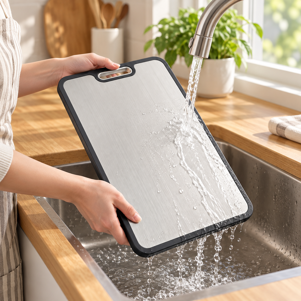 Hand washing the single reversible cutting board.