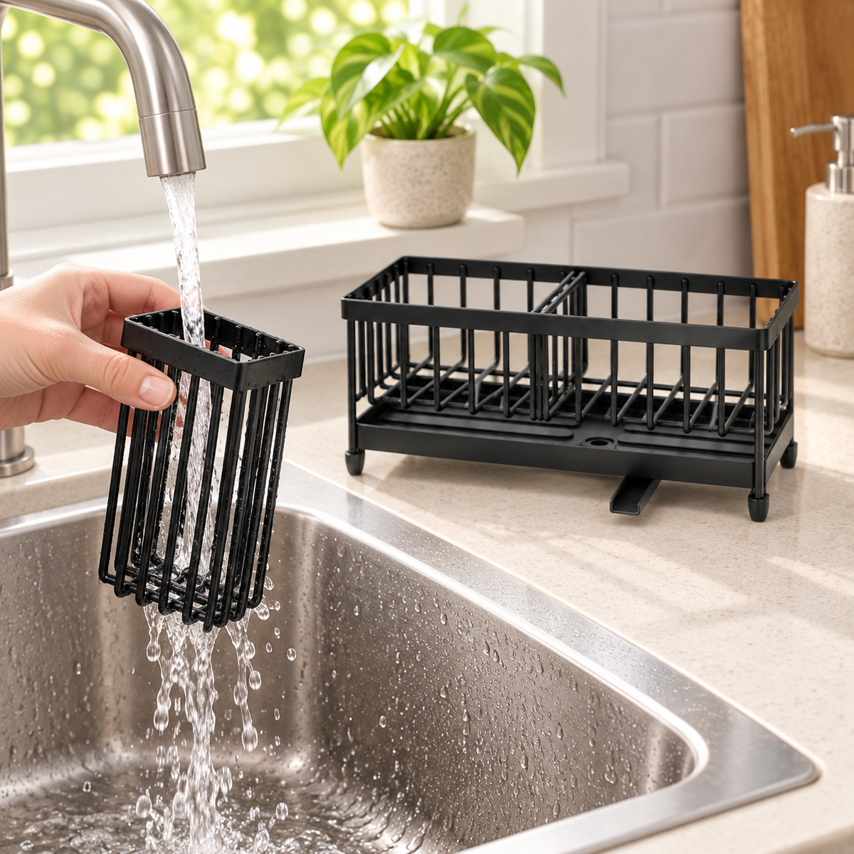 Removable side brush holder rinsed under running water.