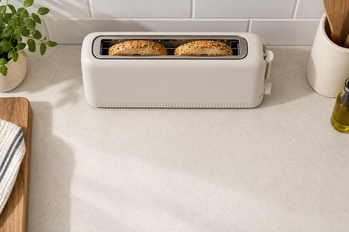 Overhead view of the narrow Oatmilk toaster on a kitchen counter.