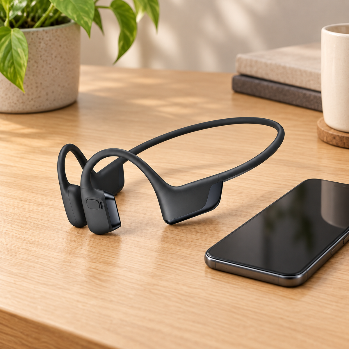 SHOKZ OpenRun Pro 2 beside a phone in a wireless-use context.