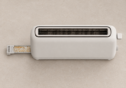 Removable crumb tray partly extended from the non-control end of the toaster.
