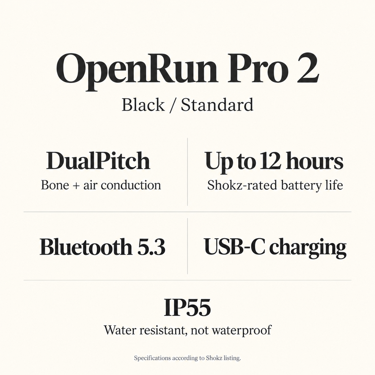 Shokz-listed OpenRun Pro 2 specifications: DualPitch, battery, Bluetooth, USB-C and IP55.