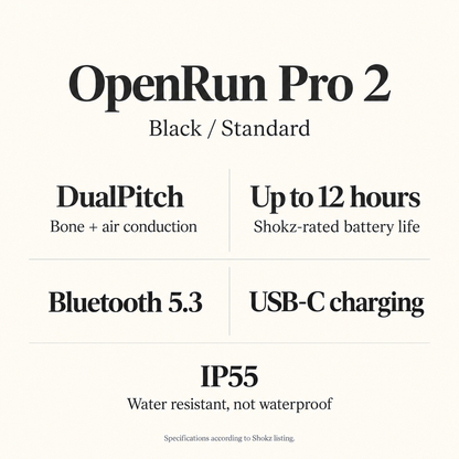 Shokz-listed OpenRun Pro 2 specifications: DualPitch, battery, Bluetooth, USB-C and IP55.