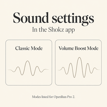 Shokz app EQ mode names: Classic Mode and Volume Boost Mode.