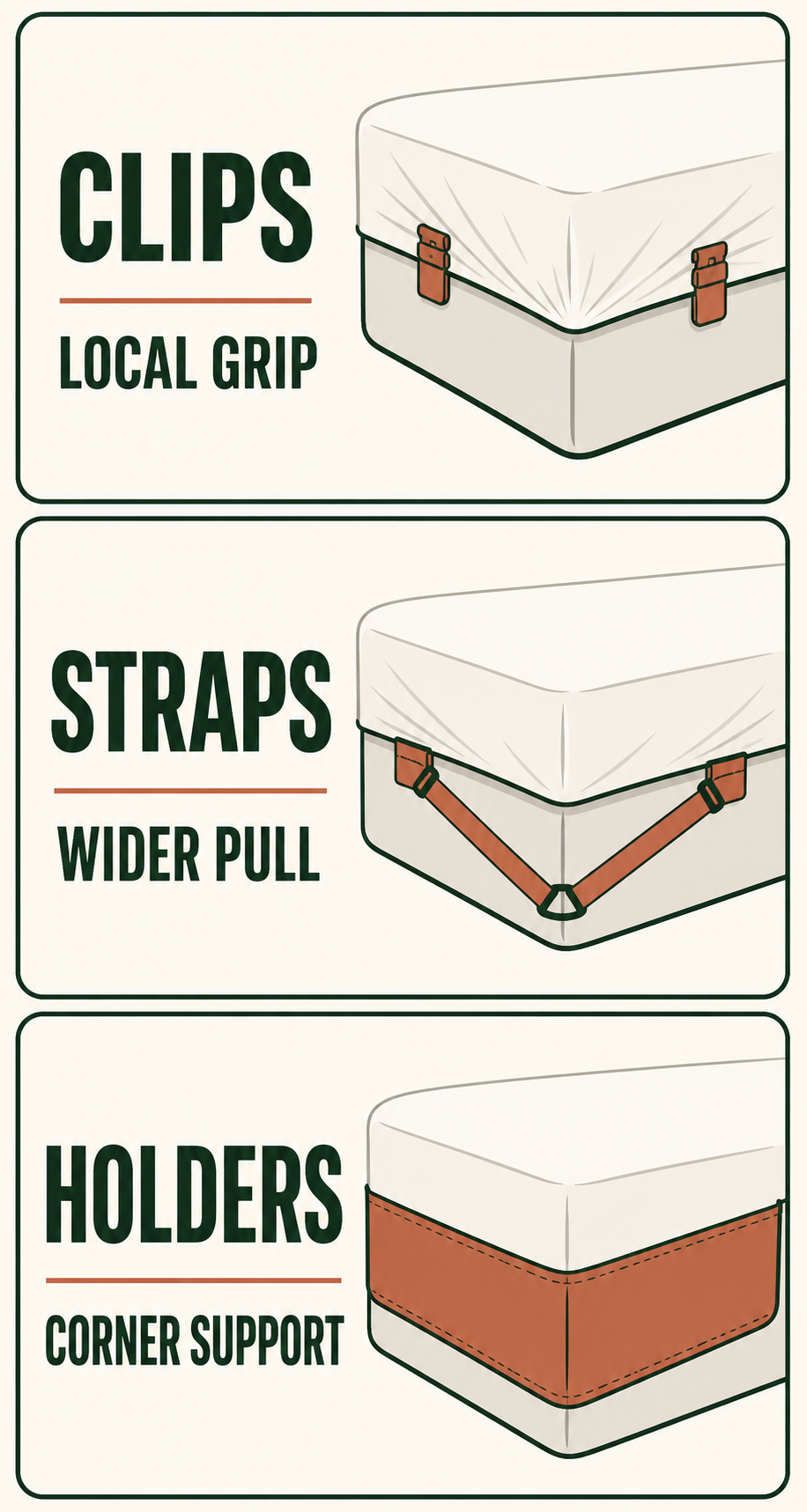 Illustration comparing fitted sheet clips, straps, and corner holders around a mattress